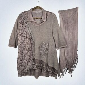 Made in Italy Woman 3pc Set Linen Tunic Top Scarf and Sweater Floral Lace Detail